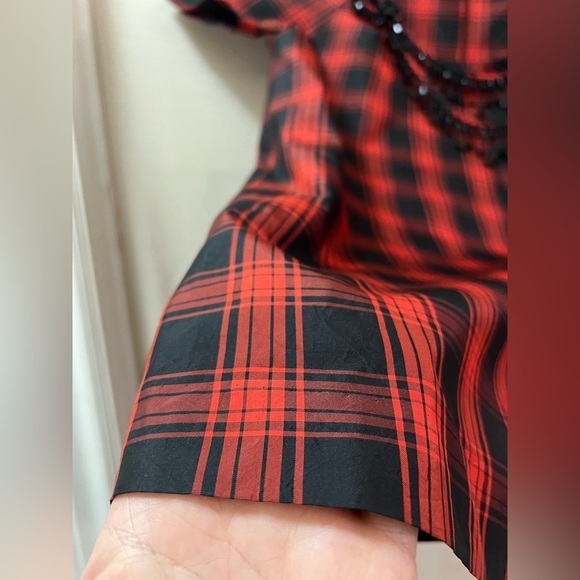 ⚫️ BOGO J.Crew women’s red plaid silk blouse with beaded neckline - Picture 4 of 8